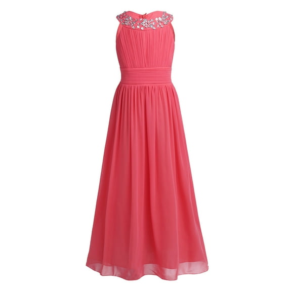 DPOIS Kids Flower Girl Dress Maxi Sleeveless Rhinestone Wedding Party Chiffon Ball Gown Watermelon Red 8