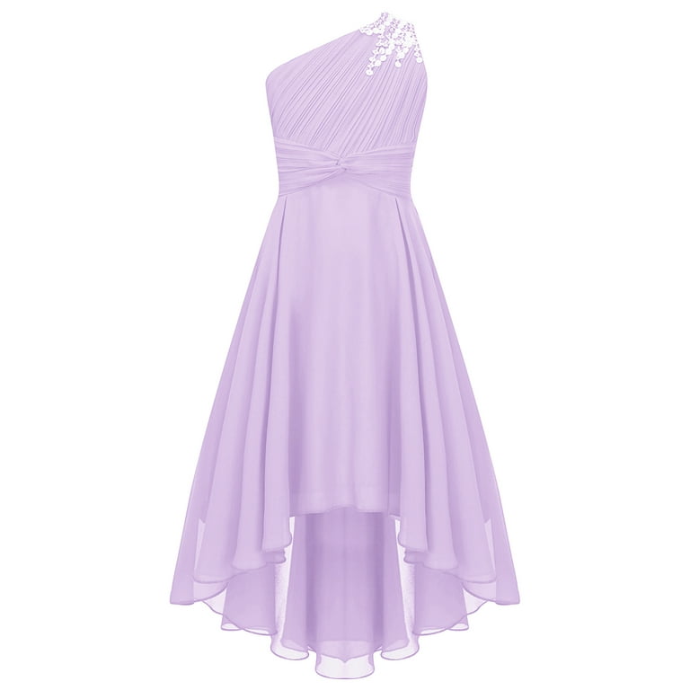 DPOIS Kids Flower Girl Dress One Shoulder Birthday Party Dress Princess Gown for Pageant Lavender 6