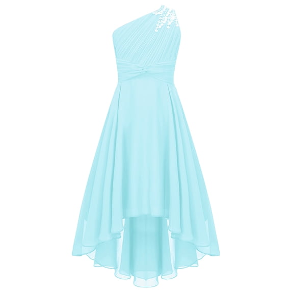 DPOIS Kids Flower Girl Dress One Shoulder Birthday Party Dress Princess Gown for Pageant Light Blue 10