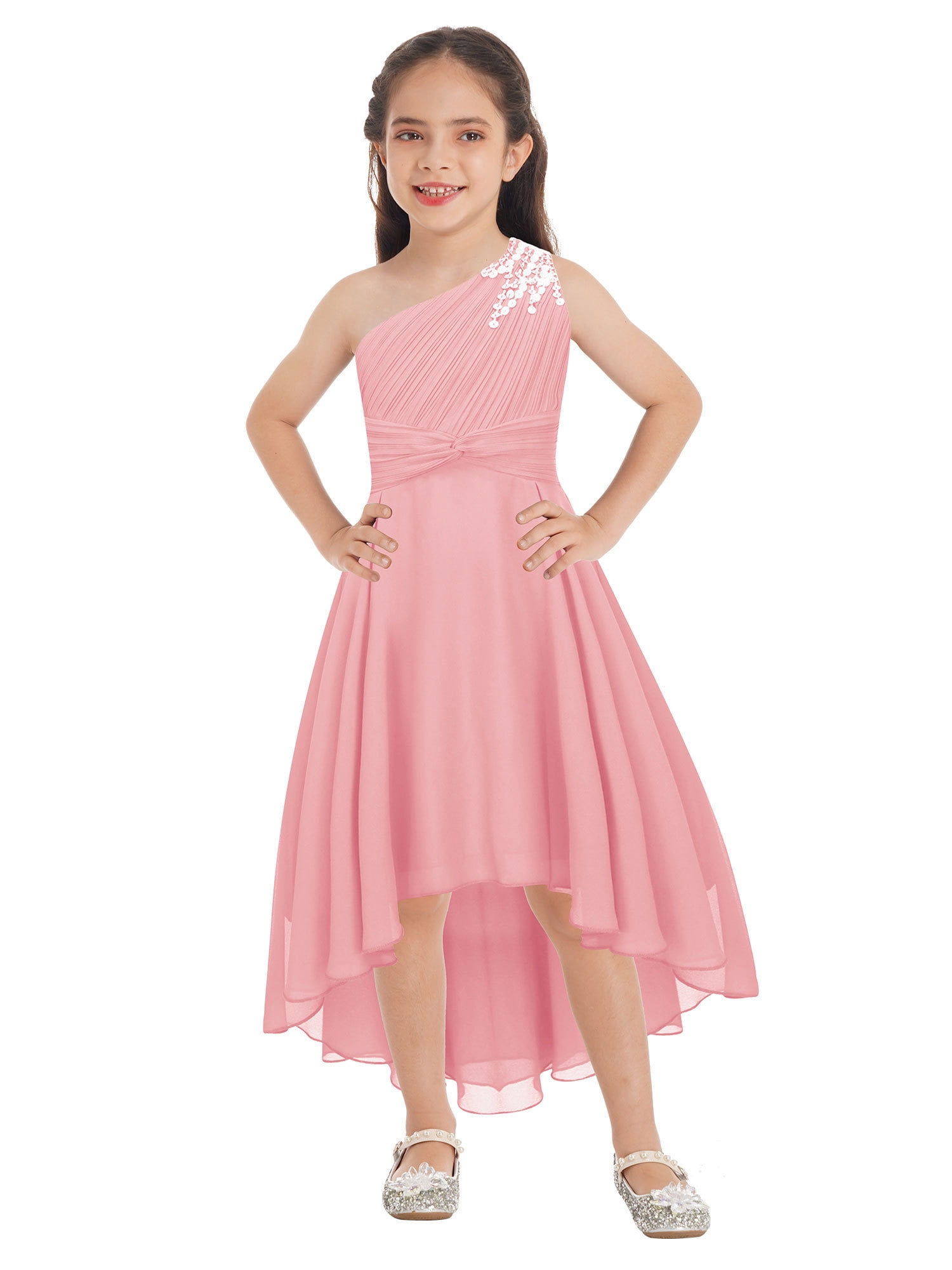 DPOIS Kids Flower Girl Dress One Shoulder Birthday Party Dress Princess Gown for Pageant Pink 14