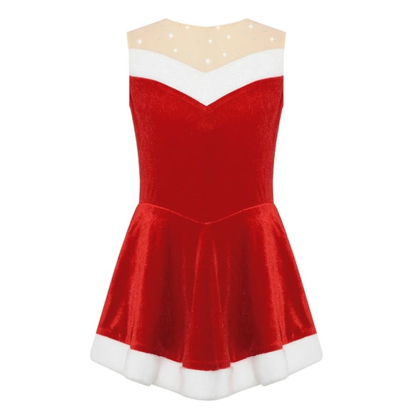 DPOIS Kids Girl Christmas Velvet Dress Santa Claus Costume Figure Ice Skating Dress Red 8