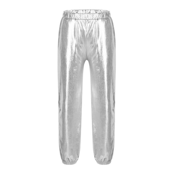 DPOIS Kids Girl Shiny Metallic High Waist Pants Sweatpants Silver 16