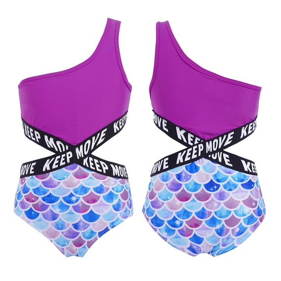 DPOIS Kids Girls 1Ps Swimsuit Single Shoulder Strap Bodysuit Jumpsuit Colorful Fish Scales 12