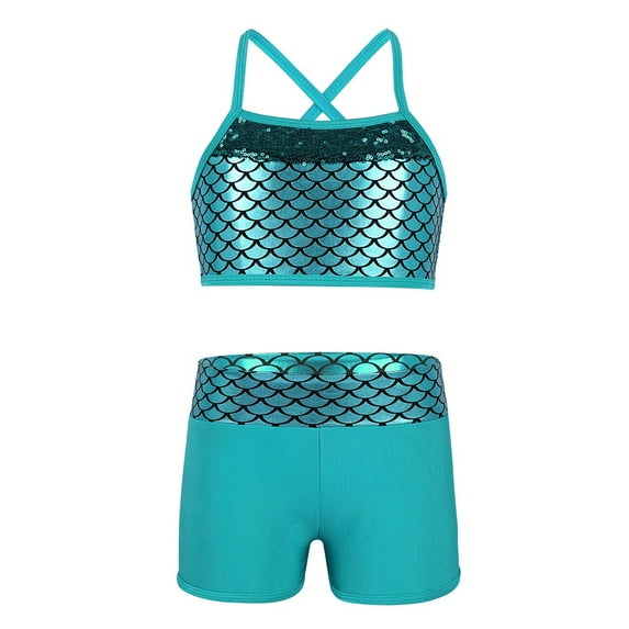 DPOIS Kids Girls 2 Piece Mermaid Scales Ballet Dance Sports Bra Crop Top with Shorts A Lake Blue 4