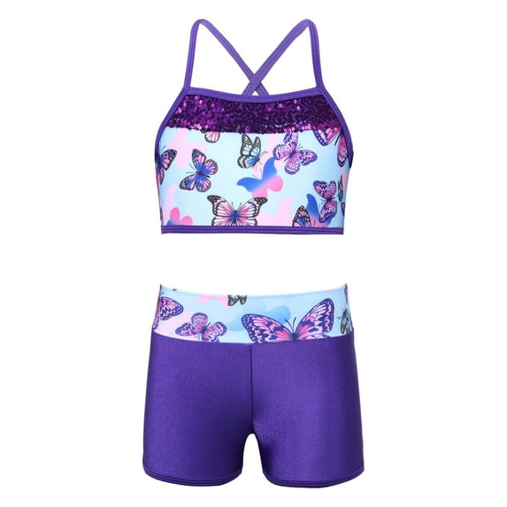 DPOIS Kids Girls 2 Piece Mermaid Scales Ballet Dance Sports Bra Crop Top with Shorts Swallowtail Blue 4