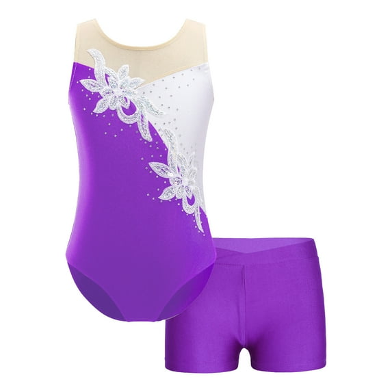 DPOIS Kids Girls 2 Pieces Ballet Dance Outfits Gymnastics Leotard with Booty Shorts Activewear Sets Purple 12