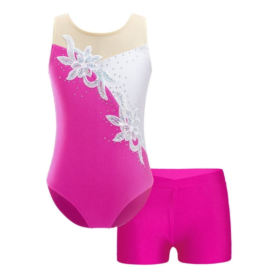 DPOIS Kids Girls 2 Pieces Ballet Dance Outfits Gymnastics Leotard with Booty Shorts Activewear Sets Rose 4