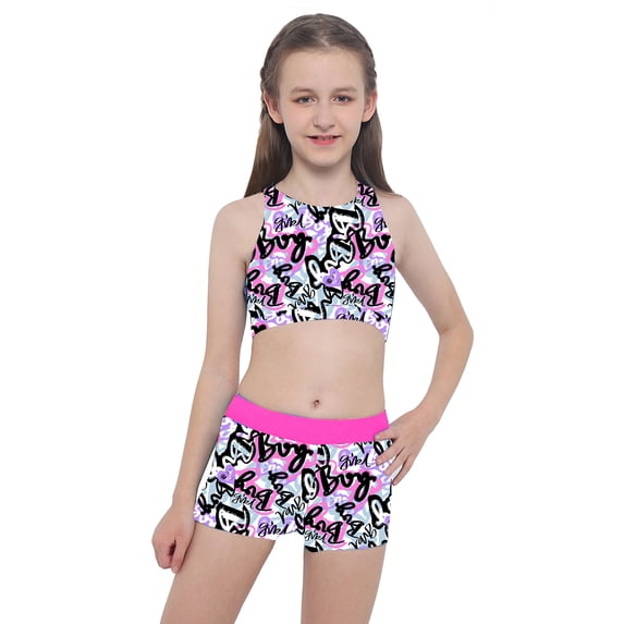 DPOIS Kids Girls 2 Pieces Swimsuit Crisscross Back Bra Top with Boyshorts Tankini Bathing Suits Graffiti Rose Pink 6