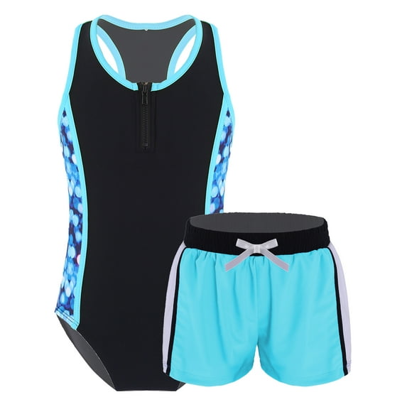 DPOIS Kids Girls 2Pcs Tankini Swimsuit Floral Print One-Piece Swimwear with Bottoms Blue 16