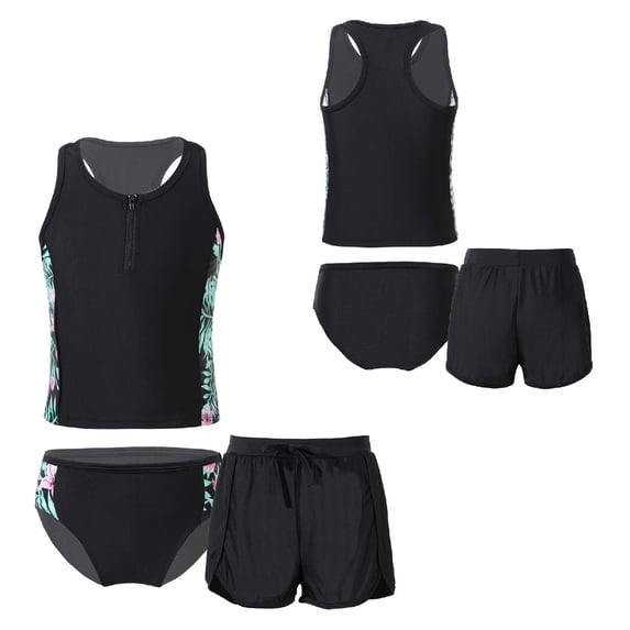 DPOIS Kids Girls 3 Piece Rash Guard Tankini Bathing Suit Bikini Briefs Bottom Black Lily 16