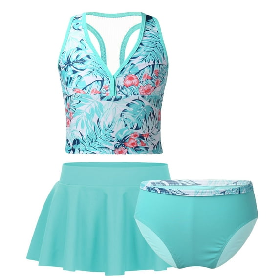 DPOIS Kids Girls 3 Pieces Bikini Set Swimsuit Printed Bathing Suit Top with Shorts Set Mint Green 7-8