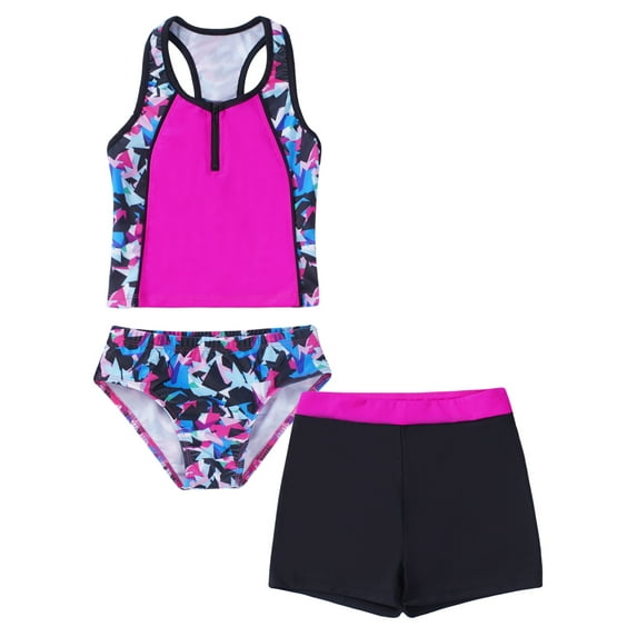 DPOIS Kids Girls 3Pcs Dance Yoga Tankini Swimsuit Y-back Crop Top Briefs Boyshorts Rash Guard Swimwear Colorful Rhombus 10