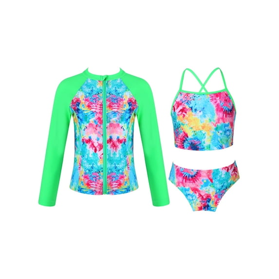 DPOIS Kids Girls 3Pcs Rashguard Swimsuit UPF 50+ Long Sleeves Front Zipper Coat Tankini Set Colorful 14