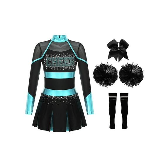 DPOIS Kids Girls 4Pcs Cheerleading CostumeCheer Uniform with Accessories Blue Green&Black 14