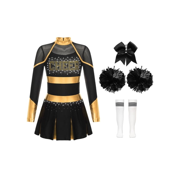 DPOIS Kids Girls 4Pcs Cheerleading CostumeCheer Uniform with Accessories Gold&White 8