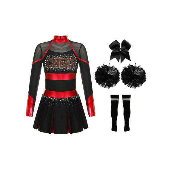 DPOIS Kids Girls 4Pcs Cheerleading CostumeCheer Uniform with Accessories Red&Black 16