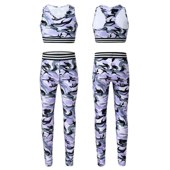 DPOIS Kids Girls Athletic Racer Back Crop Top and Leggings Camouflage Set