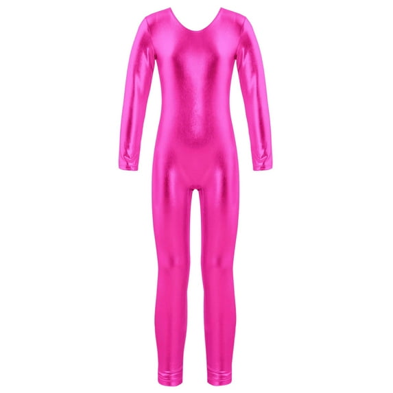 DPOIS Kids Girls Boys Metallic Full Length Gymnastics Leotard Bodysuit Hot Pink 12