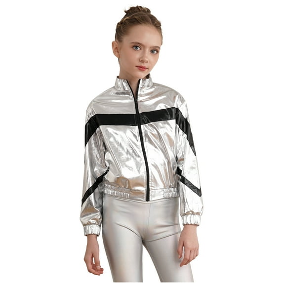 DPOIS Kids Girls Boys Shiny Metallic Bomber Jacket Flight Jacket Silver 8