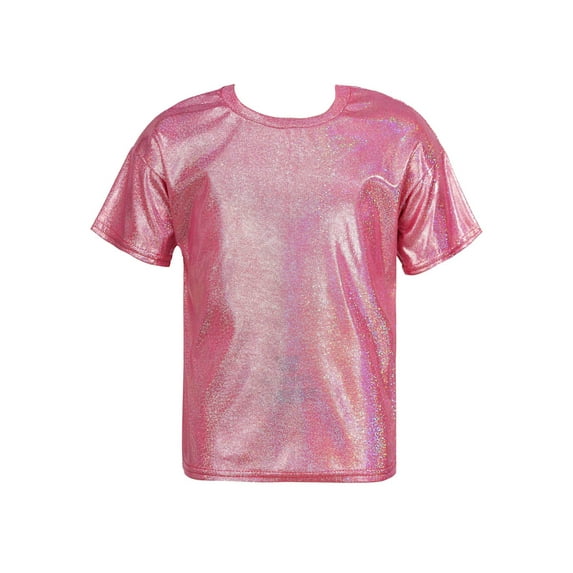 DPOIS Kids Girls Boys Sparkly Shiny Metallic Short Sleeves Dance Tops Rose Red 5-6
