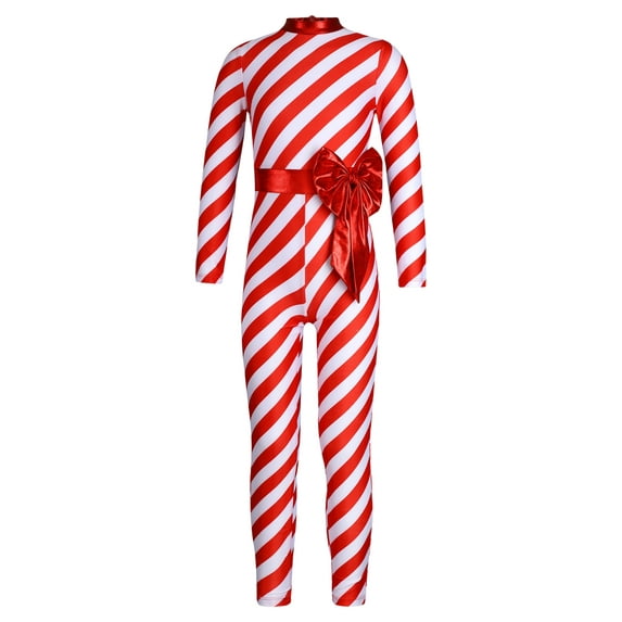 DPOIS Kids Girls Candy Cane Christmas Costume Long Sleeve Striped Unitards Jumpsuit Red 8