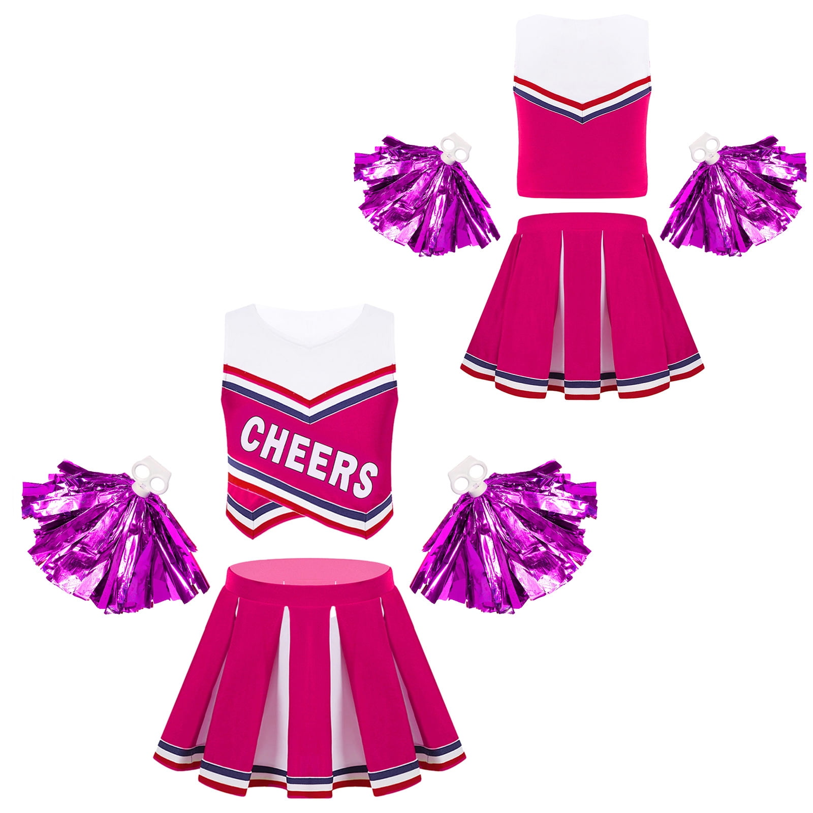 Yruioon Cheer Leader kostuum voor meisjes, 4 stuks, lange mouwen, cheerleading jurk met pompons, sokken, haarband, glitter, dansjurk, Halloween, carnaval, kostuum, B, blauw, 134-140