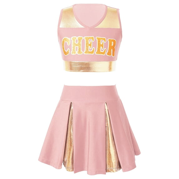 DPOIS Kids Girls Cheerleading Costume Skirt Set Crop Tops Pleated Skirt Light Pink 10