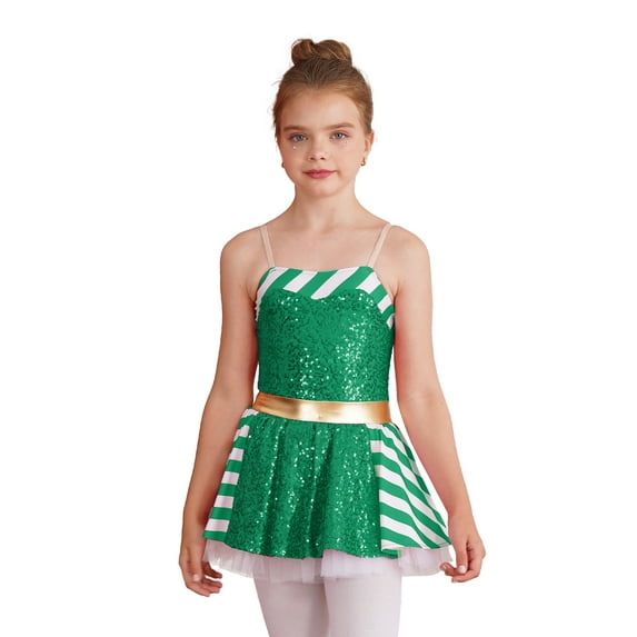 DPOIS Kids Girls Christmas Candy Cane Costume Sleeveless Tutu Dress Green-A 12