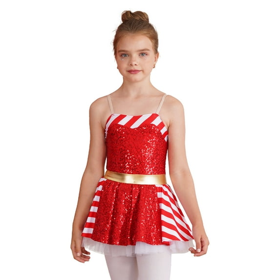 DPOIS Kids Girls Christmas Candy Cane Costume Sleeveless Tutu Dress Red-A 14