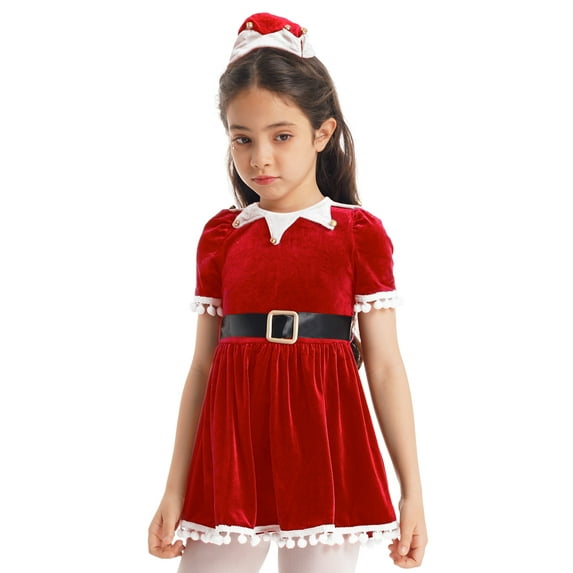 DPOIS Kids Girls Christmas Cosplay Costume Ruffled Sleeves Tassel Tutu Dress Red 7-8