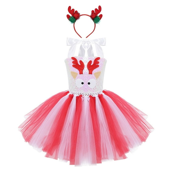 DPOIS Kids Girls Christmas Costume Dress Outfit Cartoon Elk Mesh Tutu Skirt
