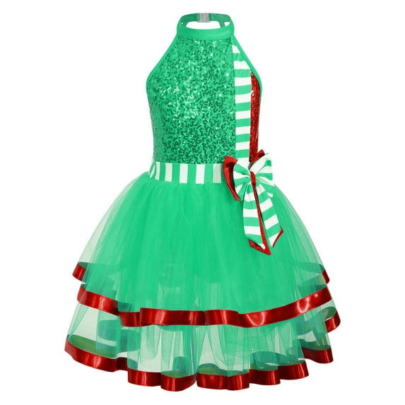 DPOIS Kids Girls Christmas Costume Halter Sleeveless Striped Ballet Dance Dress Green-A 8