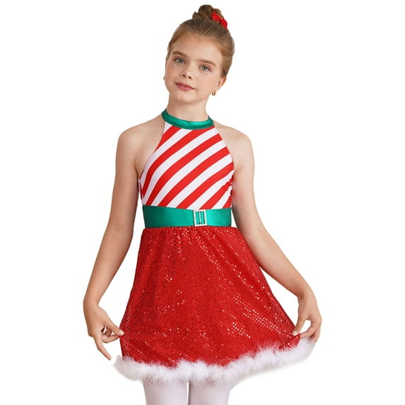 DPOIS Kids Girls Christmas Costume Halter Sleeveless Striped Ballet Dance Dress Red 16