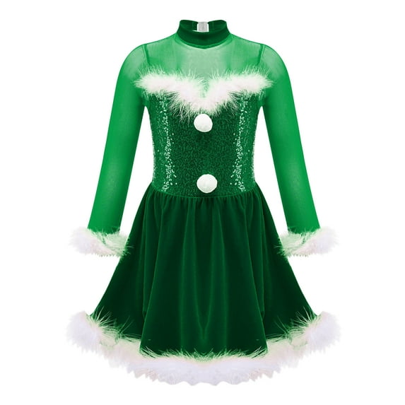 DPOIS Kids Girls Christmas Costume Long Sleeve Layered A-line Velvet Red Dress Green-A 10