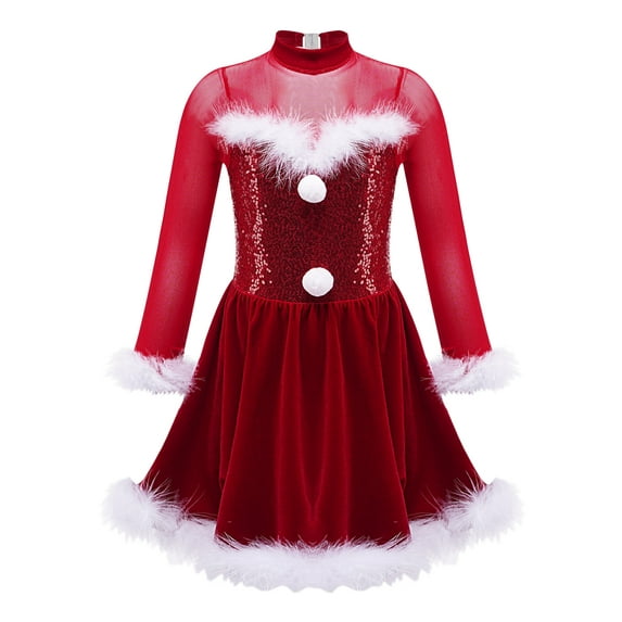 DPOIS Kids Girls Christmas Costume Long Sleeve Layered A-line Velvet Red Dress Red-A 14