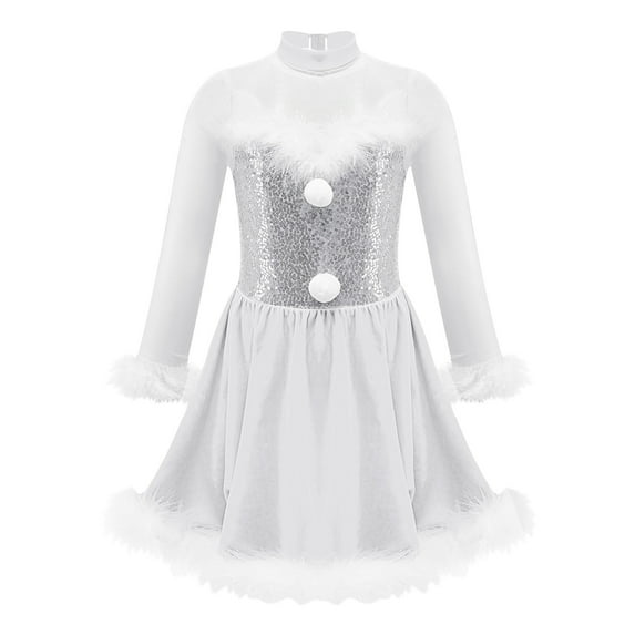 DPOIS Kids Girls Christmas Costume Long Sleeve Layered A-line Velvet Red Dress White-A 12