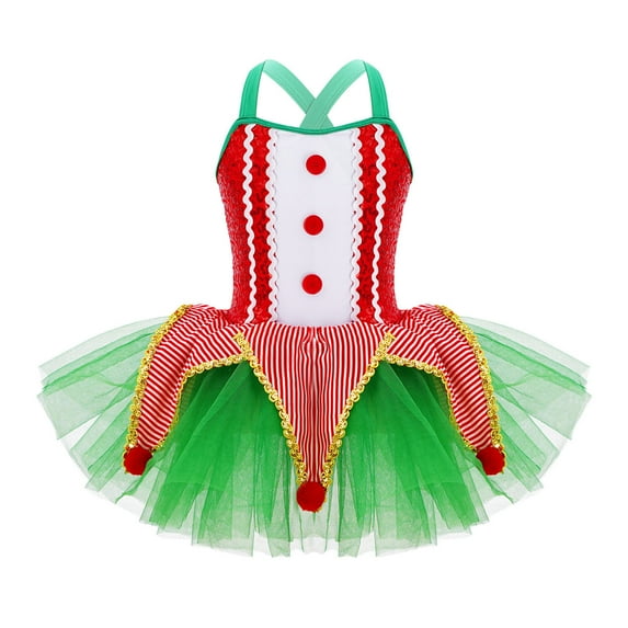 DPOIS Kids Girls Christmas Dancewear Crisscross Back Mesh Tutu Dress Leotard Costume