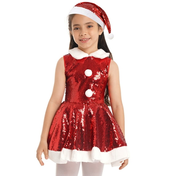 DPOIS Kids Girls Christmas Mrs Santa Sequined Dress Hat Set Red 6