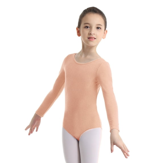 DPOIS Kids Girls Classic Long Sleeves Ballet Dance Leotard Gymnastic Bodysuit Apricot 4