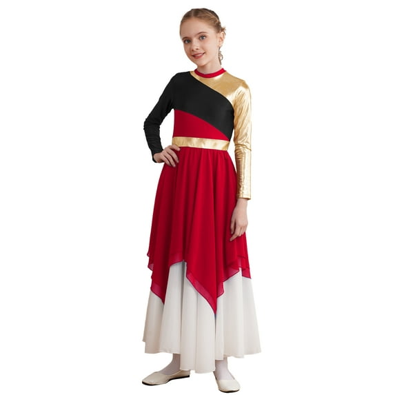 DPOIS Kids Girls Color Block Worship Dress Long Sleeve Praise Dance Dress Burgundy 12