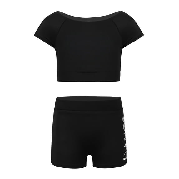 DPOIS Kids Girls Crop Tops with Booty Shorts Athletic Tracksuit Workout Set Black 7-8