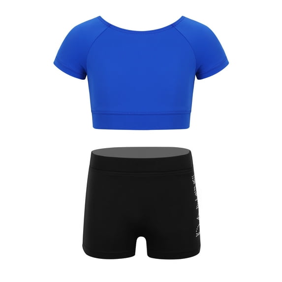 DPOIS Kids Girls Crop Tops with Booty Shorts Athletic Tracksuit Workout Set Blue 5-6