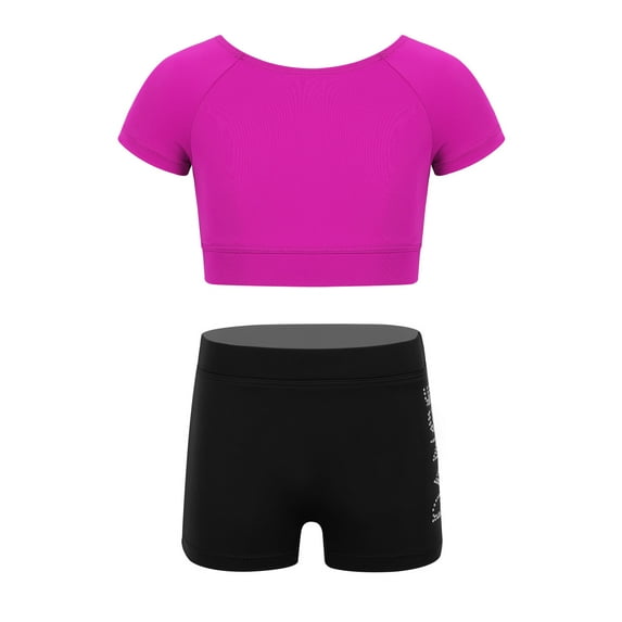 DPOIS Kids Girls Crop Tops with Booty Shorts Athletic Tracksuit Workout Set Rose Red 8-10