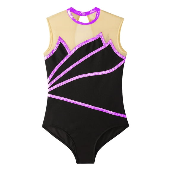 DPOIS Kids Girls Figure Ice Skating Bodysuit Sheer Mesh Ballet Dance Leotard Purple 14