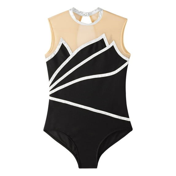 DPOIS Kids Girls Figure Ice Skating Bodysuit Sheer Mesh Ballet Dance Leotard Silver 14