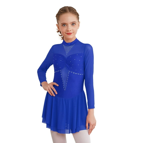 DPOIS Kids Girls Figure Ice Skating Dress Rhinestones Gymnastics Ballet Dance Leotard Dress Royal Blue 12