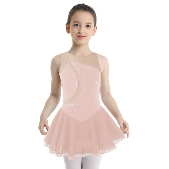 DPOIS Kids Girls Glittery Mesh Spliced Figure Ice Skating Dress Leotard Tutu Skirt Pink 6