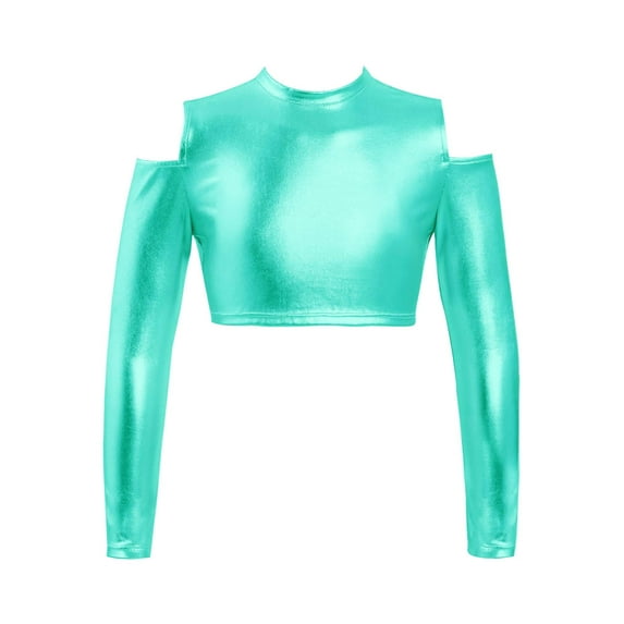 DPOIS Kids Girls Glossy Metallic Athletic Crop Top Off Shoulder Long Sleeve Dance Sports Shirt Lake Green 14