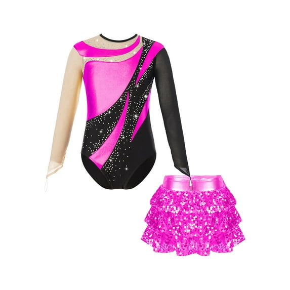 DPOIS Kids Girls Gymnastic Leotard with Skirt Sets Hot Pink 12