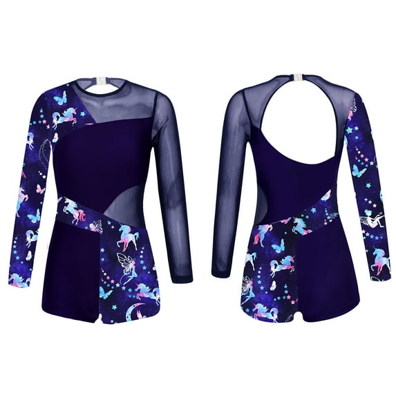 DPOIS Kids Girls Gymnastics Leotards Long Sleeve Dance Biketards Shorts Unitards